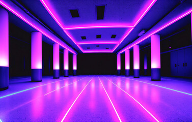Futuristic corridor with glowing neon lights. Generative AI.