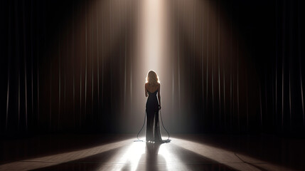 Singer enter the light, back view.