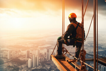 Silhouette of Engineer and worker checking project at building site background, construction site at sunset in evening time.