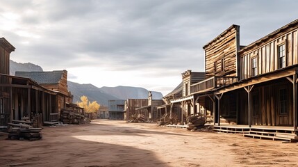Fototapeta na wymiar An old ghost town from the wild west era, featuring weathered wooden buildings and dusty dirt streets. Generative AI