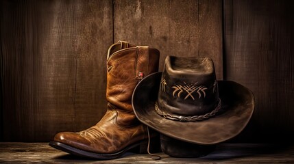 A close-up of iconic cowboy accessories like sturdy boots, a weathered hat, or a well-used saddle. Generative AI.