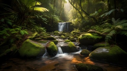 Landscape of beautiful misty waterfall hidden in the deep jungle and river flow shading between the tall tree at the nature. Generative AI technology.