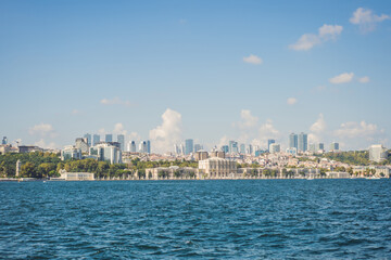 landscape scenery of Dolmabahce palacewith reflection, istanbul, turkey waterfront view from bosporus