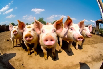Group of pigs in a farm. Selective focus and shallow depth of field. Generative AI.