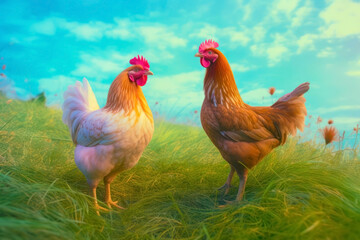 Fototapeta premium Rooster and hen on green grass. Colorful background. Copy space. 