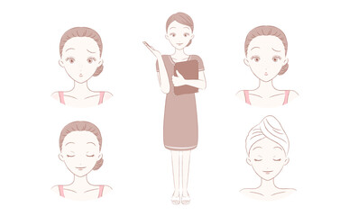 カルテを持つエステティシャンのイラストとフェイシャルエステの女性のベクター手書き風人物素材_エステサロン・クリニック