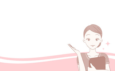 美容・エステサロンのカウンセリングするエステティシャン女性の人物イラストとコピースペースのあるテンプレートフレーム素材_手描き風ベクター_ピンク系