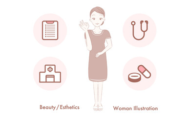美容・エステサロンのカウンセリングするエステティシャン女性の人物全身イラストとアイコン素材セット_手描き風ベクター_ピンク系