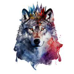 Colorful art of a wolf with a crown on transparent background, generative ai