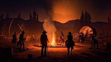 A crackling campfire in a cowboy camp, the silhouettes of covered wagons in the background adding a touch of the old west. Generative AI.