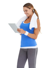 Tablet, digital fitness and happy woman for health progress, exercise blog and tips or online gym...