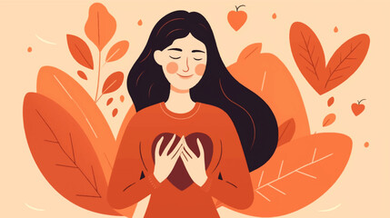 Illustration Woman with hand on kind heart, feeling self love, bliss, harmony, positive emotion. Happy calm peaceful girl volunteer. Care, humanity, selfhelp and peace concept