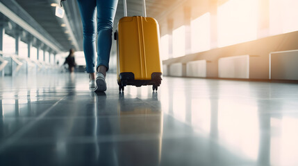 Fototapeta na wymiar people walking in airport with travel suitcase 