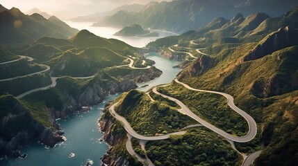 An awe-inspiring aerial view of a winding road cutting through mountains or a coastal landscape, depicting nature's grandeur. Generative AI