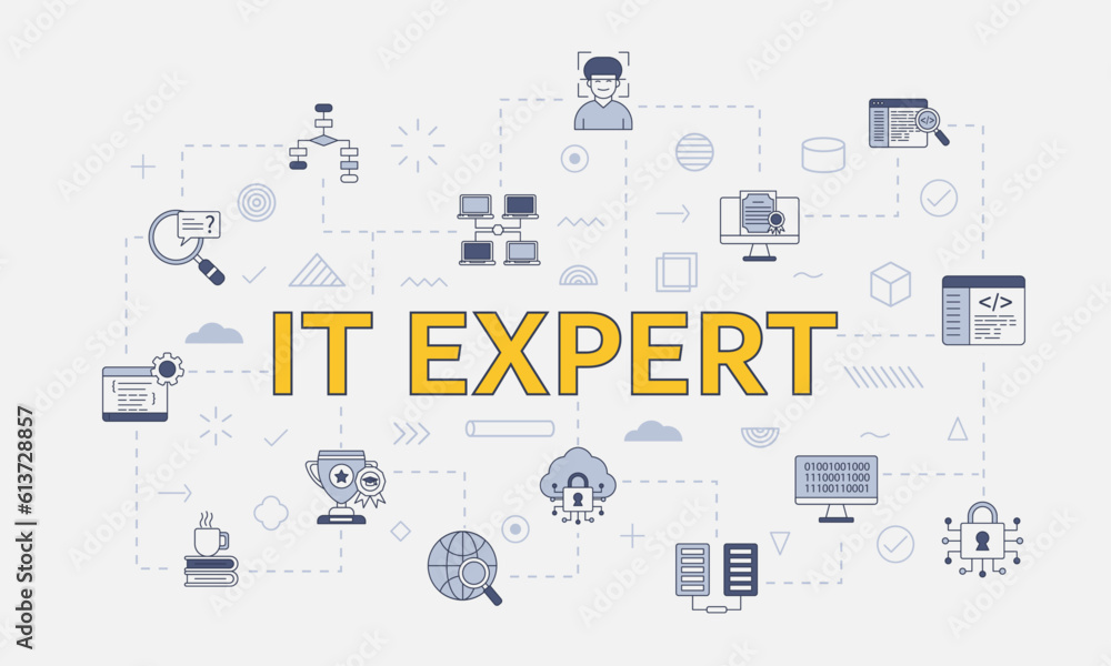 Poster it expert concept with icon set with big word or text on center