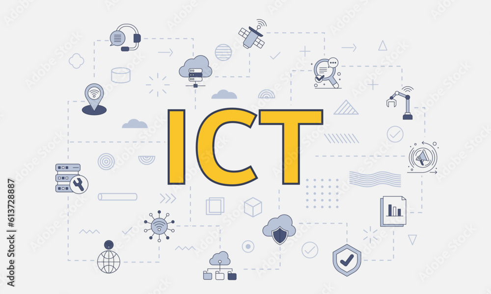 Poster ict information and communication technology concept with icon set with big word or text on center