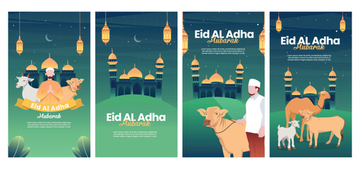 Fototapeta premium Happy Eid Al Adha Mubarak illustration with concept of man with sheep or cow on blue background for happy Eid Al Adha banners, templates and social media.