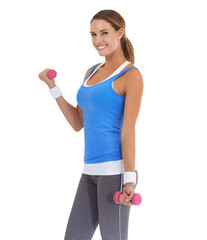 Isolated woman, dumbbells and smile in portrait for fitness, self care or exercise by transparent...