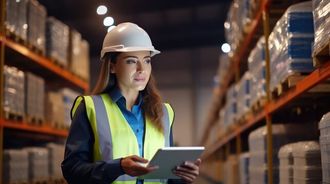 Manager adding stock inventory data in digital tablet in warehouse wearing a white hardhat and safety vest. Generative AI