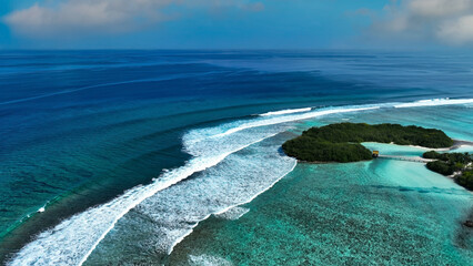 Aerial view with beach in wave of turquoise sea water shot, Top view scene background