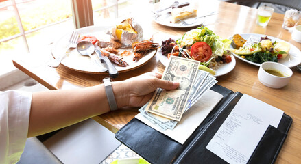 Dollars Money spent with credit card to pay expenses  food economic crisis concept. which  the...