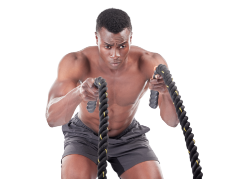 Fitness, muscle and gym with black man and rope on transparent background for challenge, workout and focus. Exercise, training and strong with person isolated on png for bodybuilder, health and power