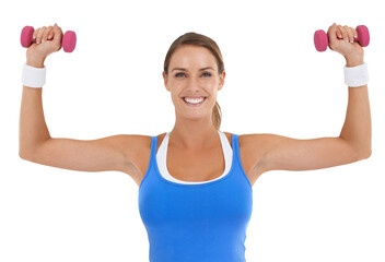 Fitness, exercise and portrait of a happy woman with dumbbells for strong muscle and power. Healthy female person with weights in hands for training workout isolated on a transparent, png background