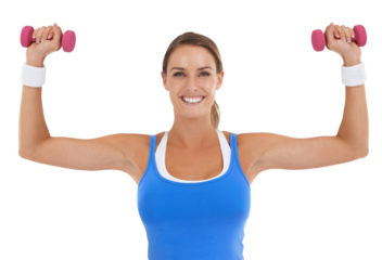 Fitness, exercise and portrait of a happy woman with dumbbells for strong muscle and power. Healthy female person with weights in hands for training workout isolated on a transparent, png background