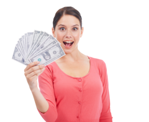 Wow, cash and portrait of woman with money from investment, success and profit on savings or transparent, isolated or png background. Girl, dollar and customer with bonus, prize or lottery winner
