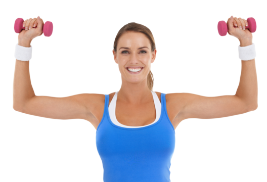 Fitness, exercise and portrait of a happy woman with dumbbells for strong muscle and power. Healthy female person with weights in hands for training workout isolated on a transparent, png background