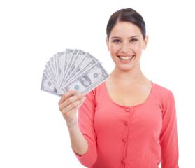 Cash, money and happy with portrait of woman for investment growth, fan and finance. Winner, dollar and female person with lotto prize, profit or giveaway isolated on transparent, png background
