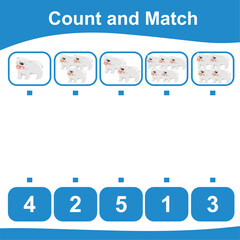 Count together the polar bear and match with the number. Count the sea life and match with numbers. Count and match math worksheet. Math game for children. Vector illustration file.