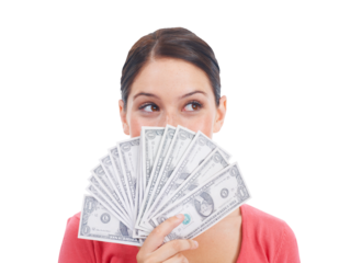 Woman, thinking and money fan for finance investment isolated on a transparent PNG background. Thoughtful female person with cash or dollar for financial freedom, saving bonus or salary increase