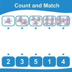 Count and match together the octopuses with the number. Counting sea life and match with numbers. Educational printable math worksheet. Math game for children. Vector illustration file.