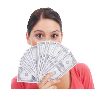 Woman, win and covering face with cash in portrait with png or isolated and transparent background with wow. Lottery winner, wealthy female and money for success for promotion, saving and surprise.