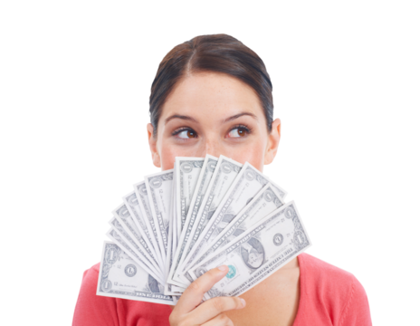 Woman, thinking and money fan for finance investment isolated on a transparent PNG background. Thoughtful female person with cash or dollar for financial freedom, saving bonus or salary increase