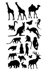 Collection silhouettes animals. Vector illustration. Isolated hand drawings tropical African giraffe, meerkat, monkey, kangaroo and forest predators bear, fox and wolf on white background.