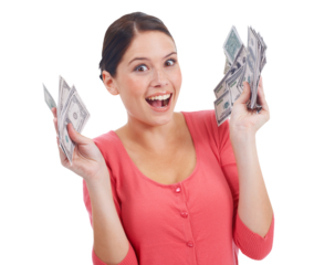Cash, money and a woman excited for win, investment growth and finance. Winner, dollars and happy female person portrait with lotto prize, profit or giveaway isolated on transparent, png background