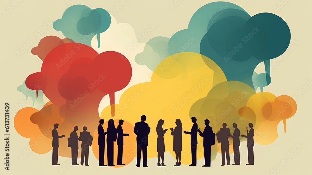 Poster concept of communication, represented by overlapping speech bubbles above individuals. essence of in