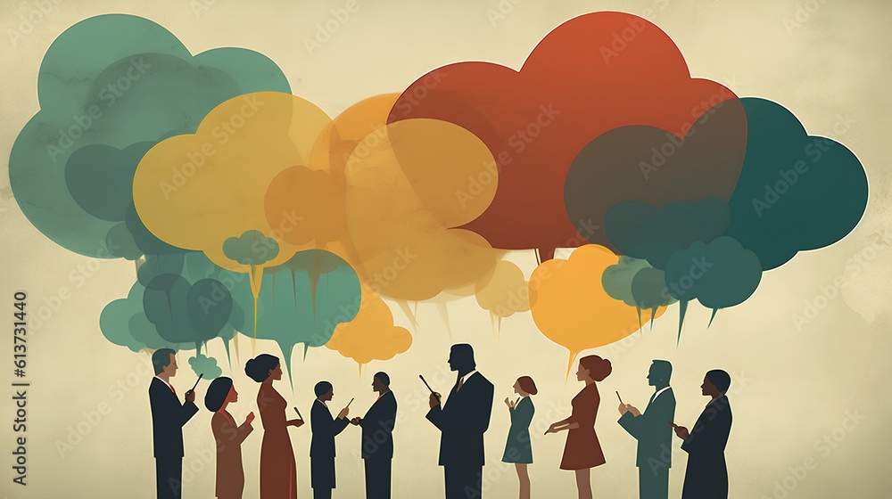 Poster concept of communication, represented by overlapping speech bubbles above individuals. essence of in