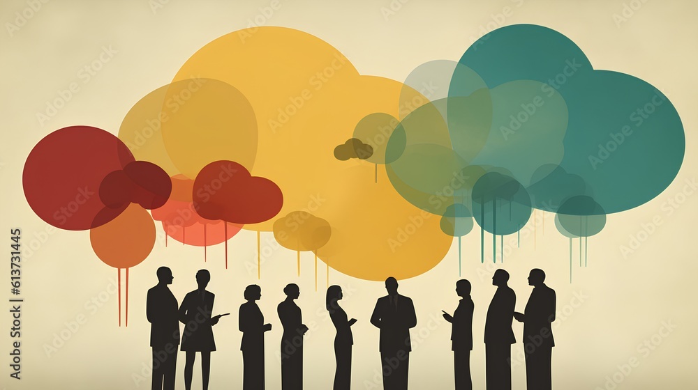 Poster concept of communication, represented by overlapping speech bubbles above individuals. essence of in