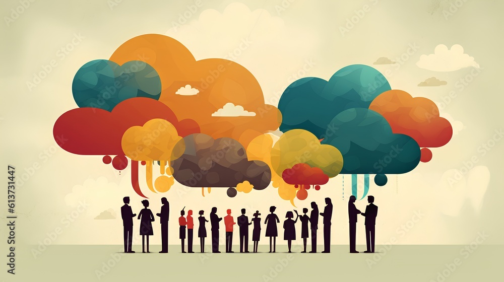Poster concept of communication, represented by overlapping speech bubbles above individuals. essence of in
