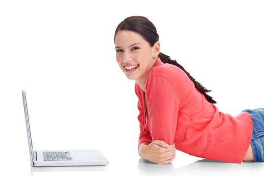 Laptop, smile and portrait with a woman student lying on the floor isolated on a transparent background. Computer, education and research with a happy young female university pupil learning on PNG