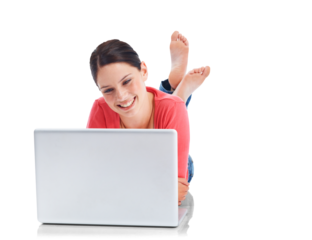 Laptop, happy and education with a woman student lying on the floor isolated on a transparent background. Computer, internet and smile with a young female university pupil studying research on PNG