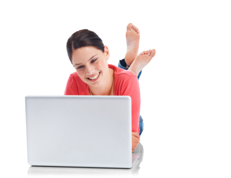 Laptop, happy and education with a woman student lying on the floor isolated on a transparent background. Computer, internet and smile with a young female university pupil studying research on PNG