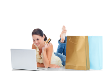 Laptop, credit card and shopping bag, woman and ecommerce with smile isolated on transparent png background. Finance, account and online payment, female customer with internet banking and fintech
