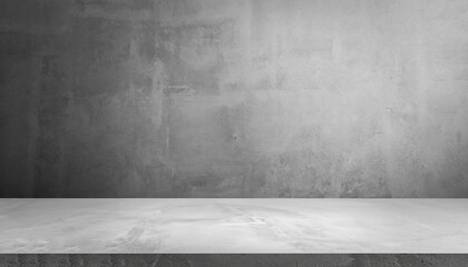 Empty Gray Wall Room interiors Studio Concrete Backdrop and Floor cement Shelf, well editing montage display products and text present on free space Background