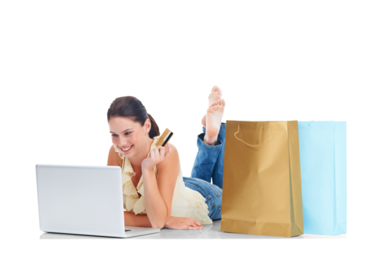 Laptop, credit card and shopping bag, woman and ecommerce with smile isolated on transparent png background. Finance, account and online payment, female customer with internet banking and fintech - Powered by Adobe