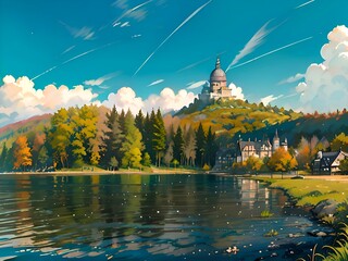 Fototapeta premium Within the anime scenery, a forest embraces a serene lake, while a mountain castle looms, symbolizing an imposing force that reigns with great power