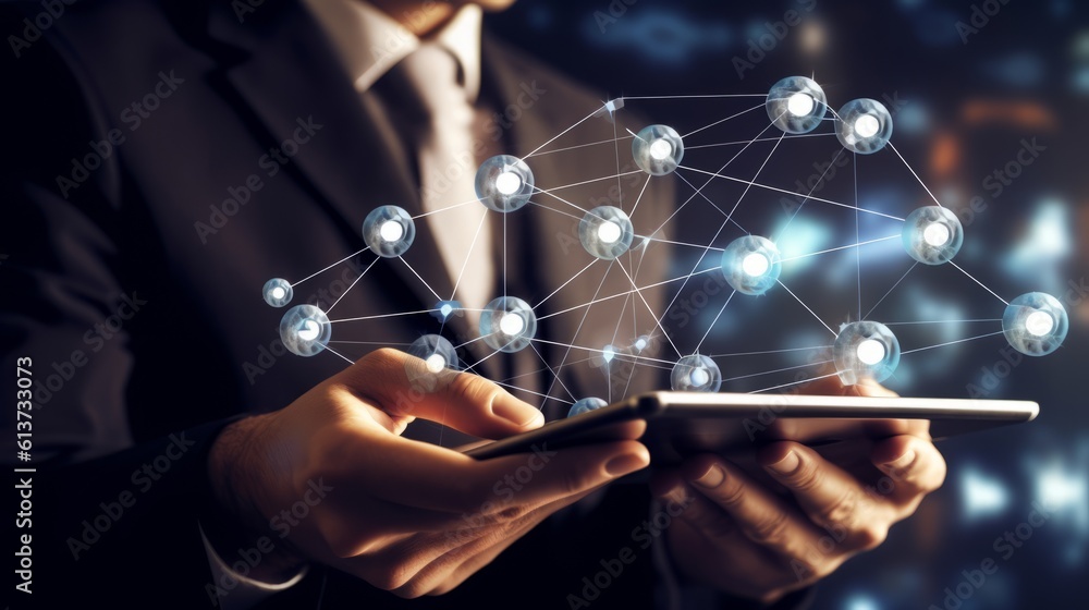 Aufkleber close up of businessman using tablet pc with social connection concept. mixed media. generative ai